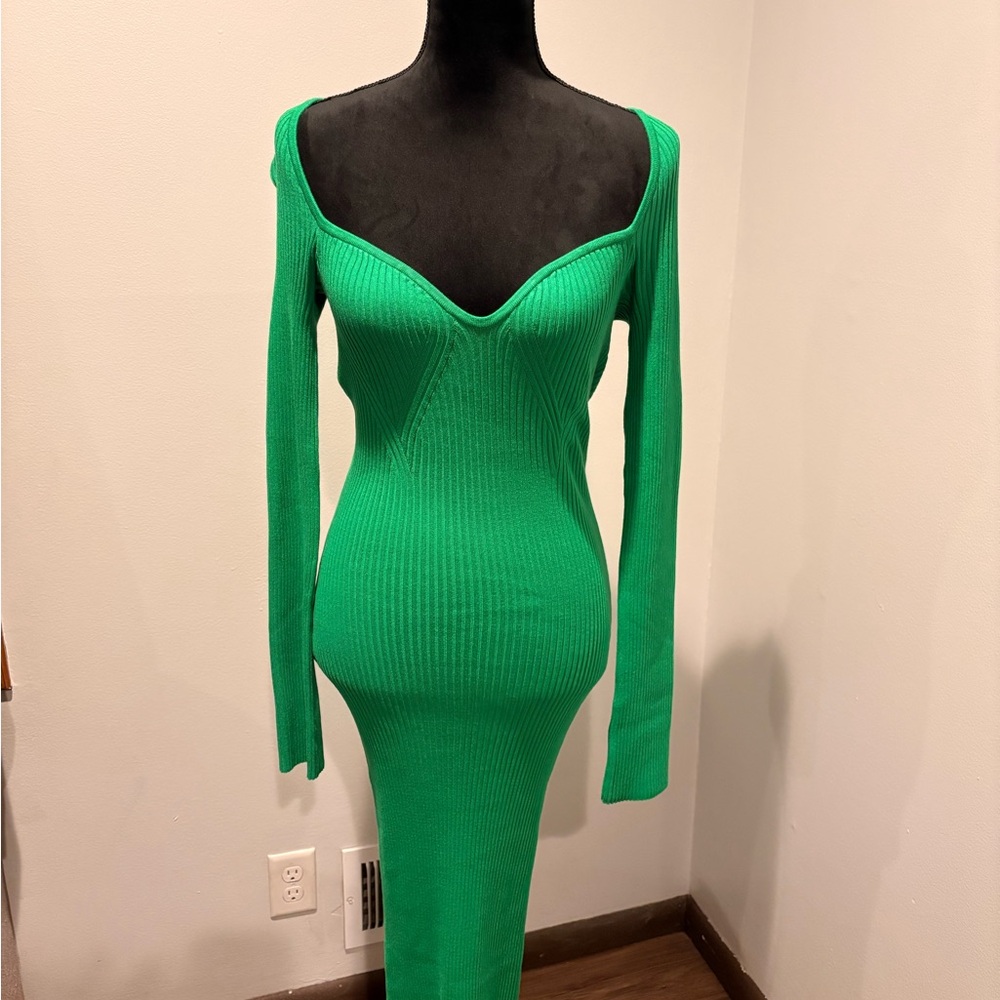 H&M Emerald Green Ribbed Long Sleeve Bodycon Dress